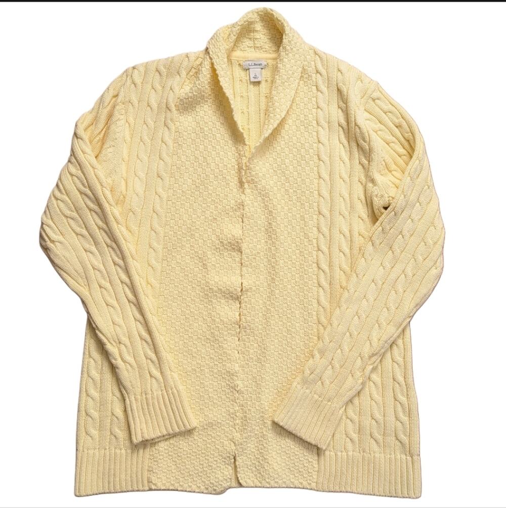 L.L. Bean Butter Yellow Cable Knit Open Front Classic Warm Cardigan Sweater